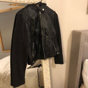 Feux Leather Jacket with Knit Sleeves
